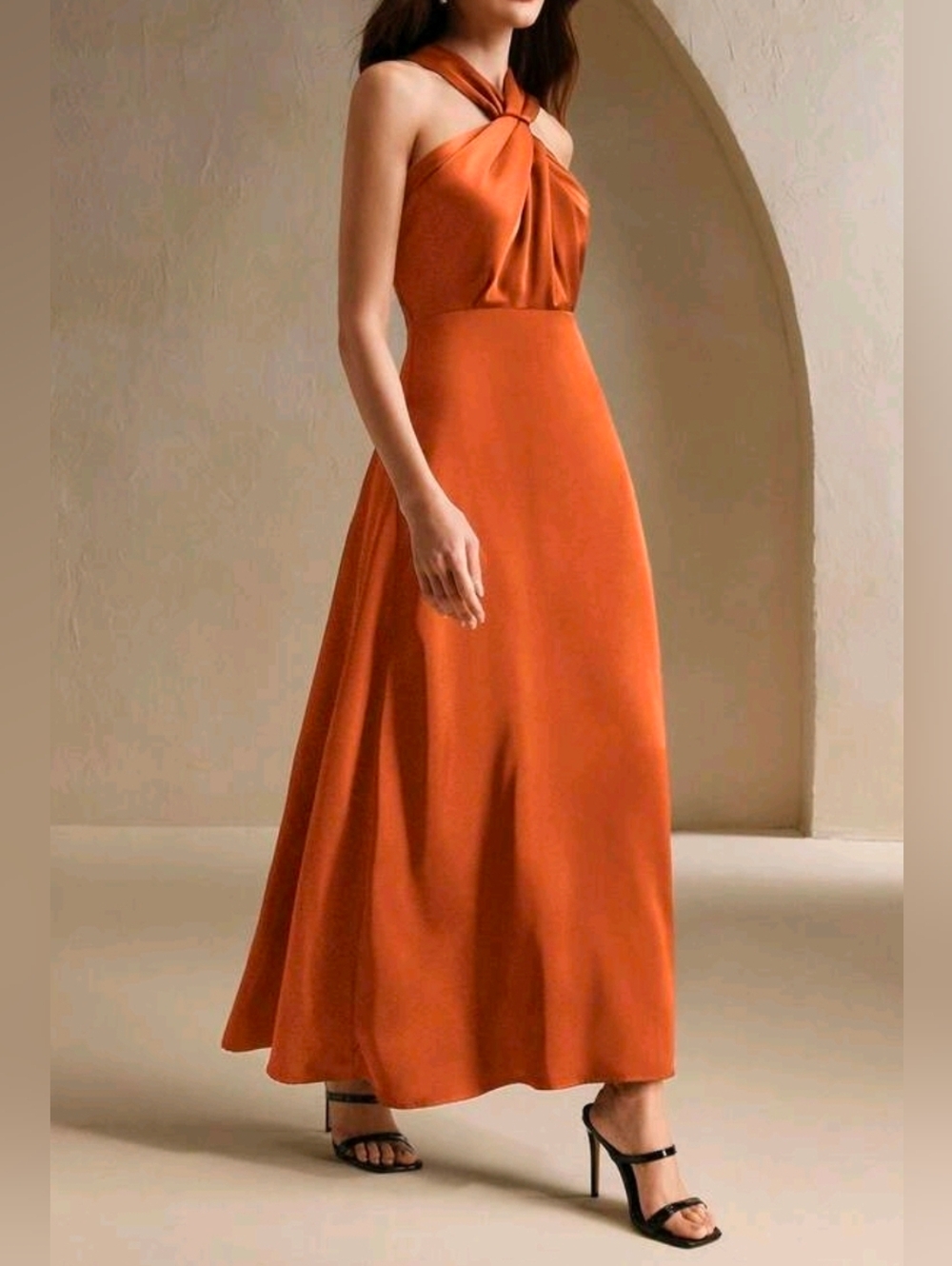 New Chic Satin Wrap Tie Halter Long Dress Burnt Orange